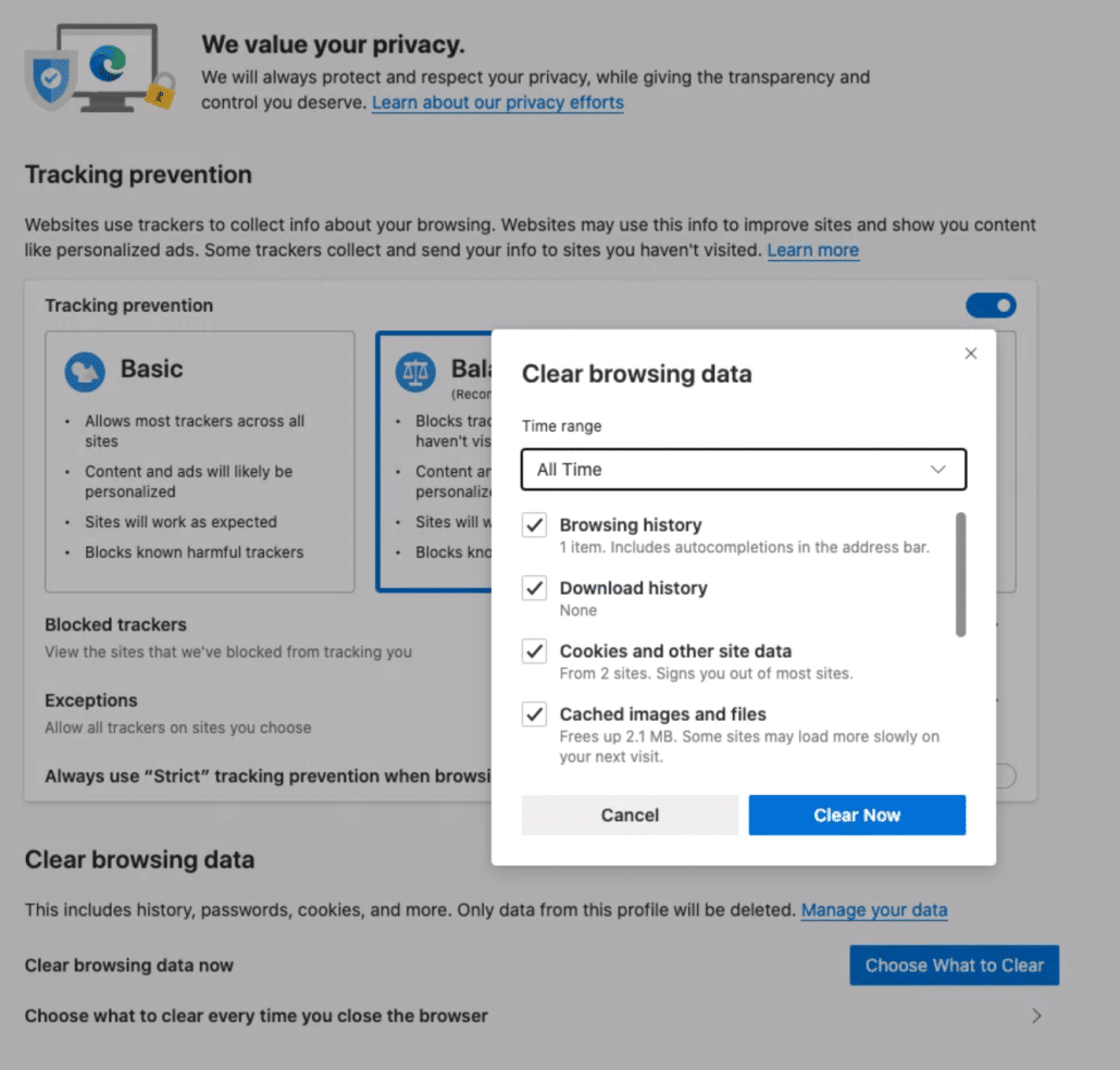 edge privacy dashboard when cleaning cookies